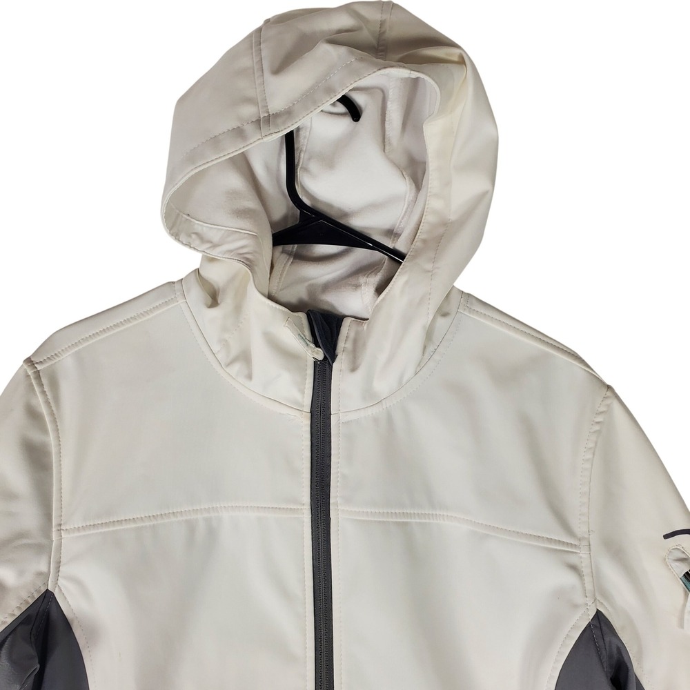 Free Tech Womens XL Softshell Hooded Jacket Cream Grey Colorblock Full Zip